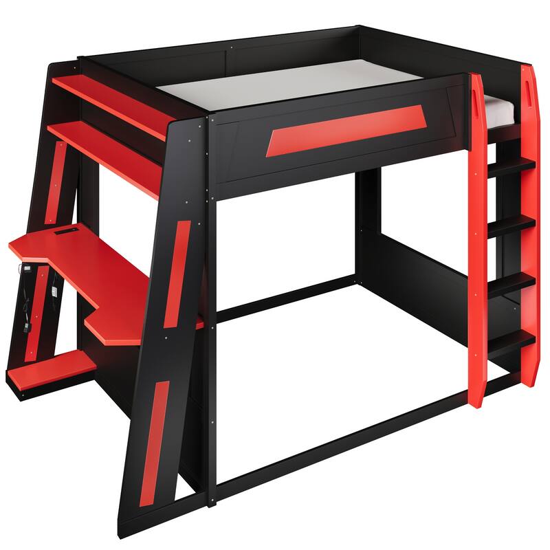 Queen Size Gaming Bunk Bed Gaming Loft Bed with Built-In Gaming Station Cable Management for Gamer Gaming Hotel Gaming Suite