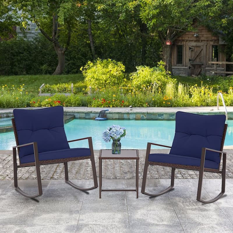 SUNCROWN 3-piece Outdoor Patio Brown/Black Wicker Rocking Chairs Conversation Bistro Set