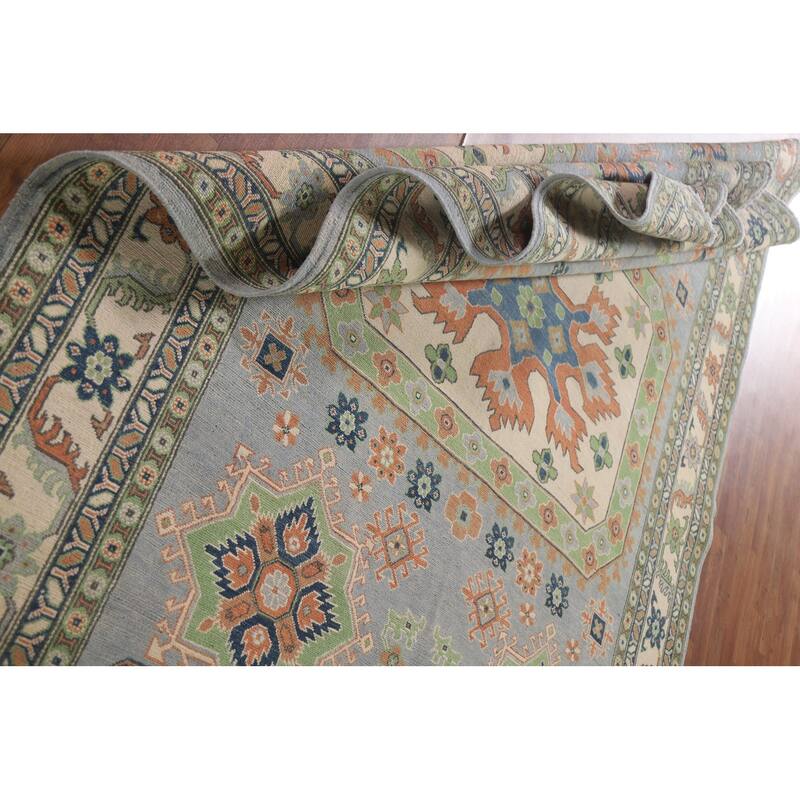 Hand Knotted Oriental 100% Wool Carpet Traditional Geometric Greys & Charcoal Kazak Area Rug - 9' 10'' X 6' 10''