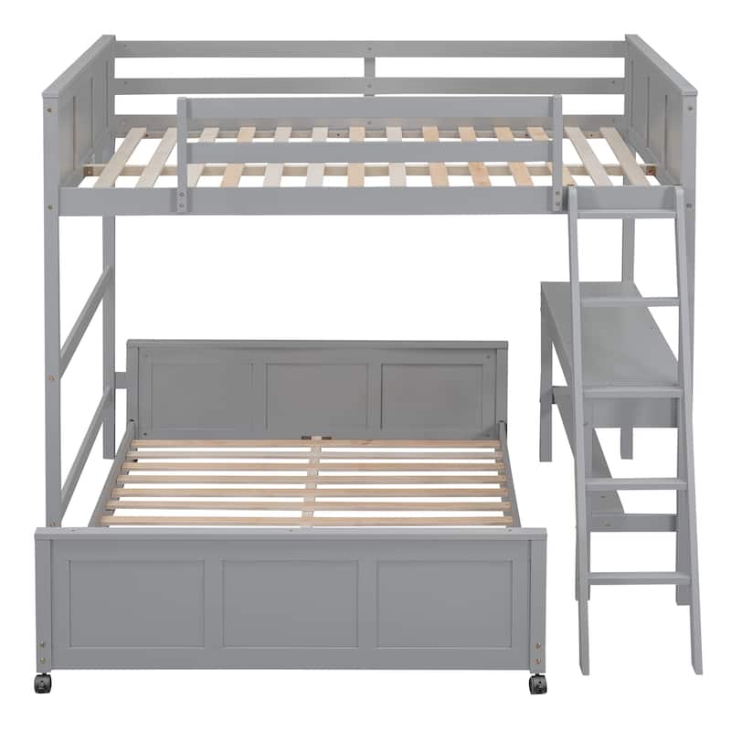 Full Over Full Bunk Bed, Platform Bed with Wheels, Loft Bed with Built-in Desk, Drawers, Ladder and Guardrail for Kids, Teen