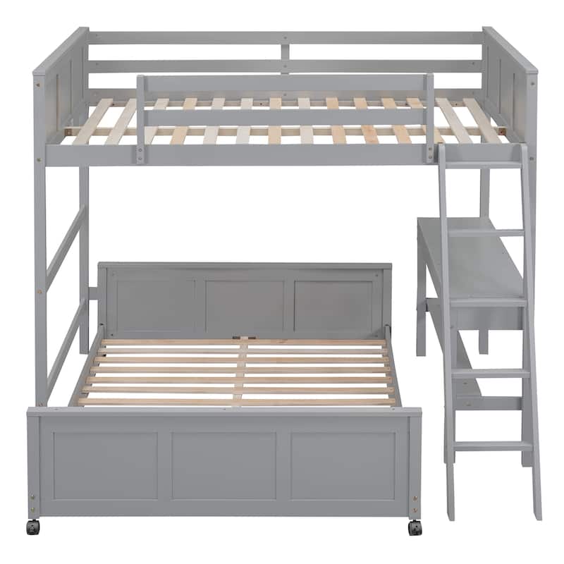 Full Over Full Bunk Bed with Desk Drawers, Wood Loft Bed Frame Saving ...