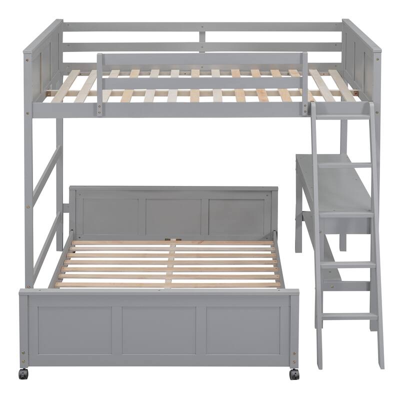 Full over Full Bunk Bed with Desk & Drawers, Wooden Separated Bedframe
