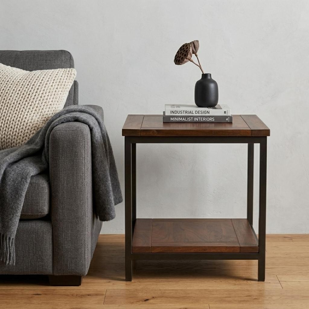HomeRoots 22" Dark Brown and Black Solid Wood and Steel Square End Table With Shelf - 22.00 in. x 22.00 in. x 22.00 in.