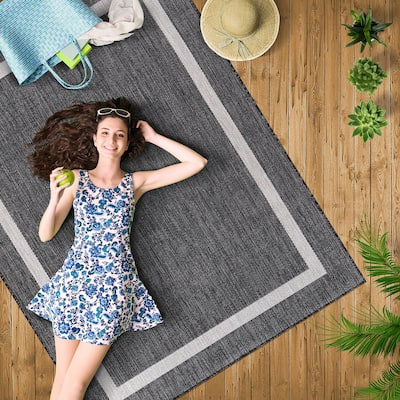 Beverly Rug Bordered Indoor Outdoor Rug, Outside Carpet for Patio, Deck, Porch - Dark Grey