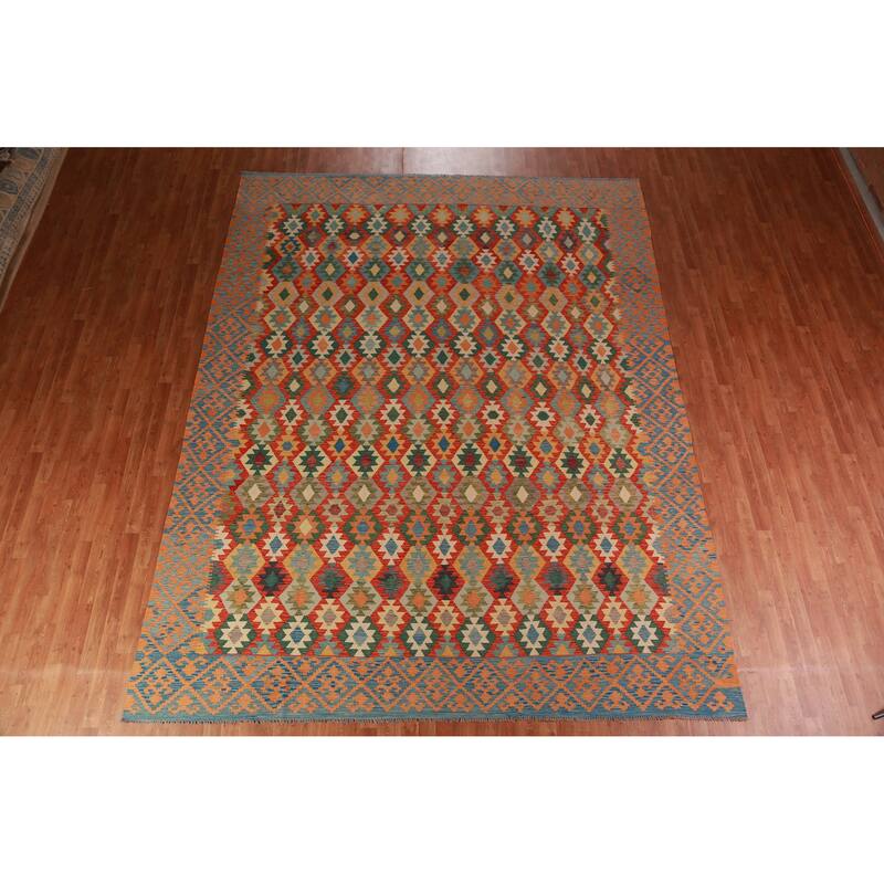 Reversible Kilim Oriental Rug Hand-Woven Tribal Reversible Wool Carpet - 10'0"x 12'10"