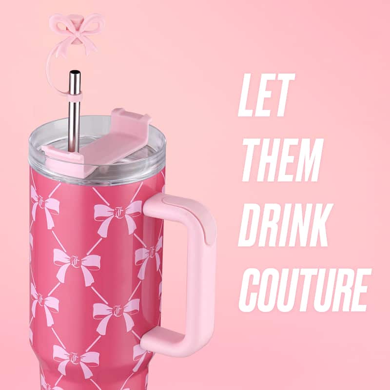 Juicy Couture Jetsetter Hydration Stainless Steel Tumbler with Handle and Straw With Topper