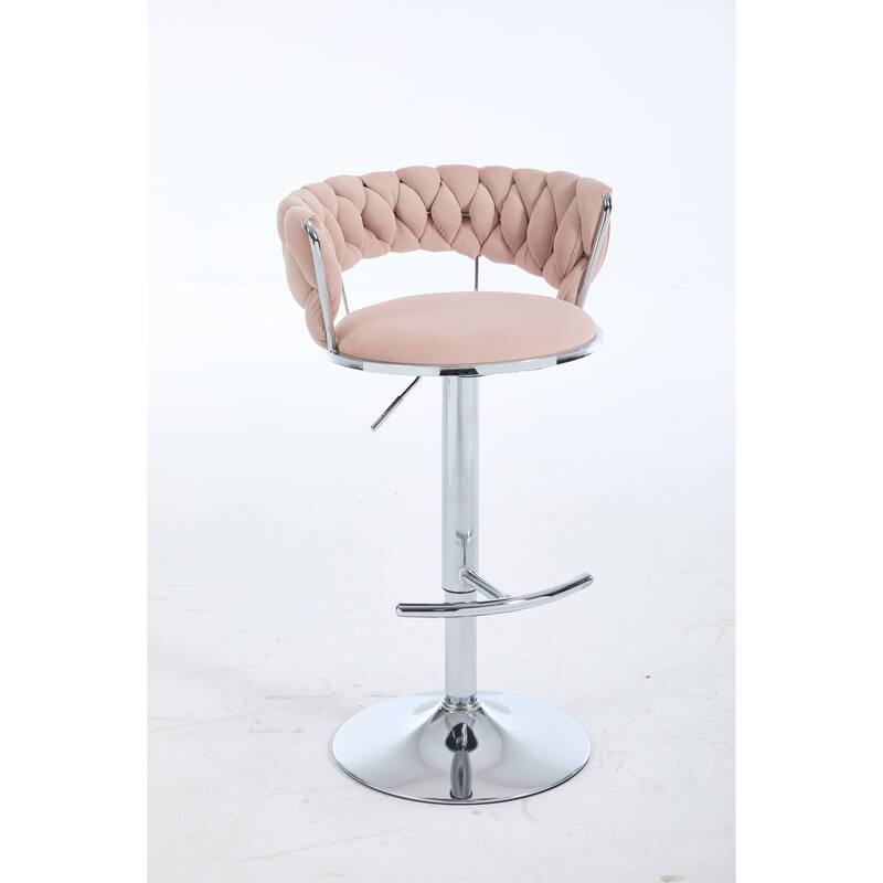 Set Of 2 Bar Stools,With Chrome Footrest And Base Swivel Height Adjustable Mechanical Lifting Velvet, Chrome Leg