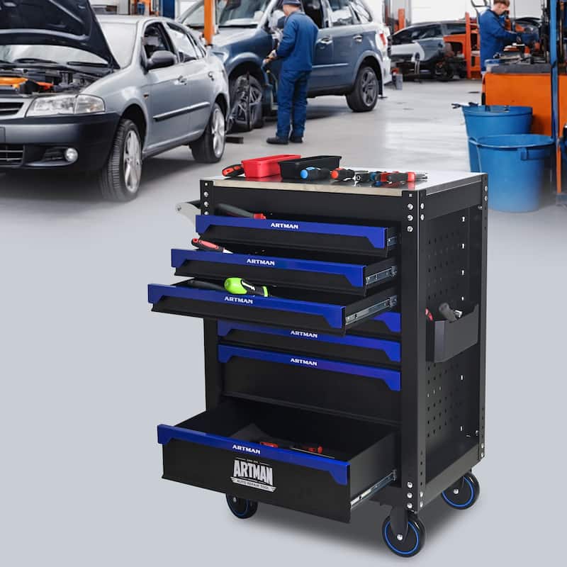 Industrial-Strength Rolling Tool Cart with 7 Drawers, 30" Steel Workbench Cabinet - Black