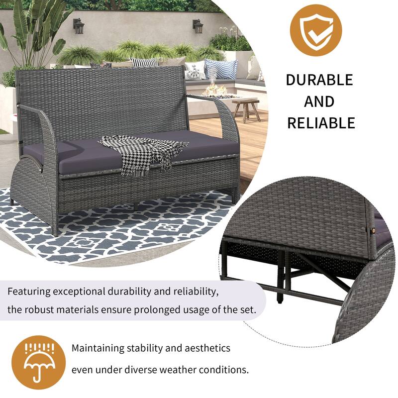 Multi-Functional Outdoor Patio Rattan Loveseat Sofa, Convertible 4-Seats Dining Set