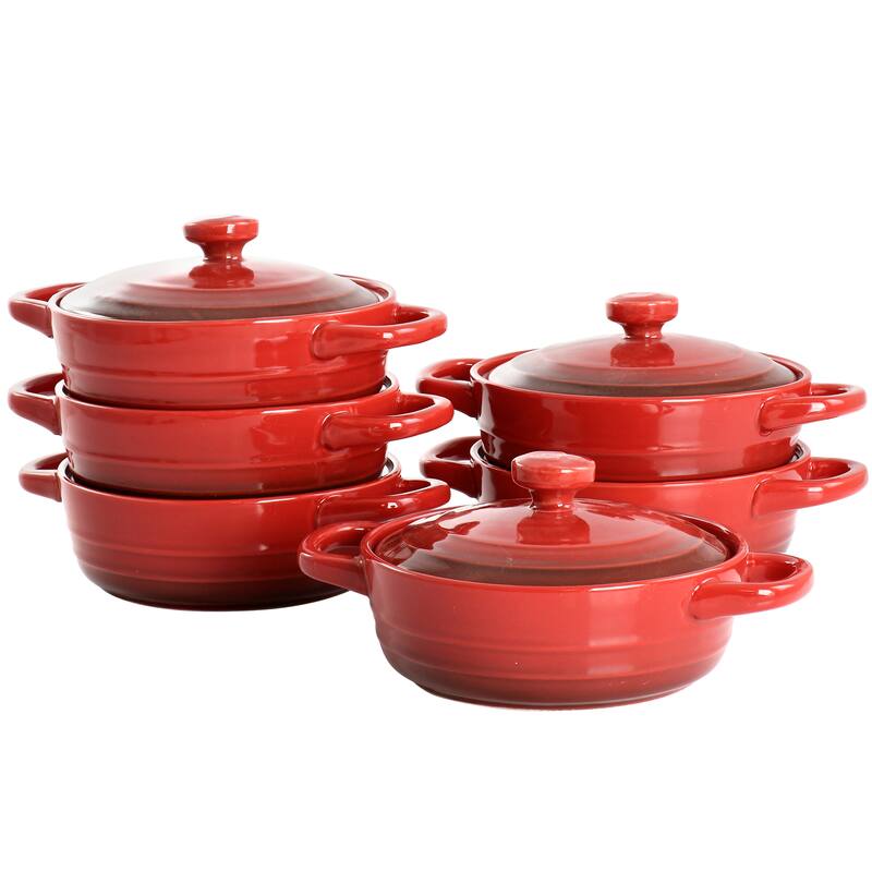 6 Piece 10 Ounce Stoneware Mini Casserole Set in Red with Lid - Red