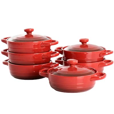 6 Piece 10 Ounce Stoneware Mini Casserole Set in Red with Lid