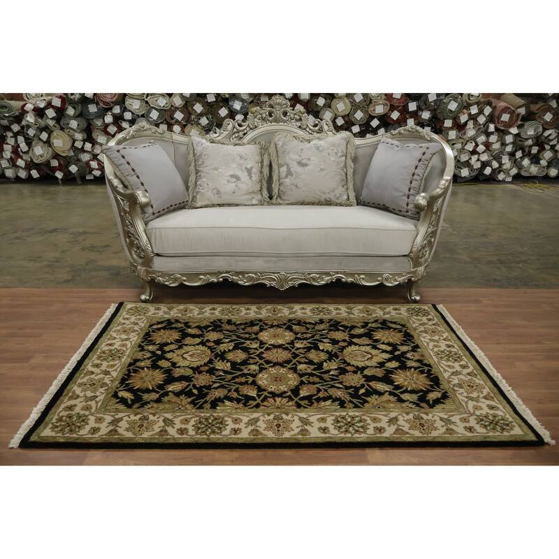 Hand Knotted Oriental 100% Wool Carpet Traditional All-Over Black Agra Area Rug - 6' 5'' X 4' 1''