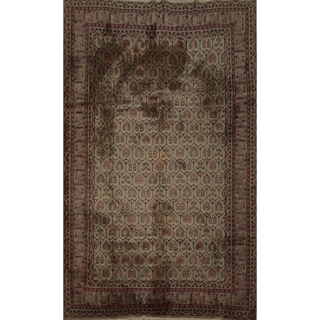 Hand Knotted Oriental 100% Wool Carpet Traditional Geometric Brown Agra Area Rug - 9' 8'' X 6' 8''