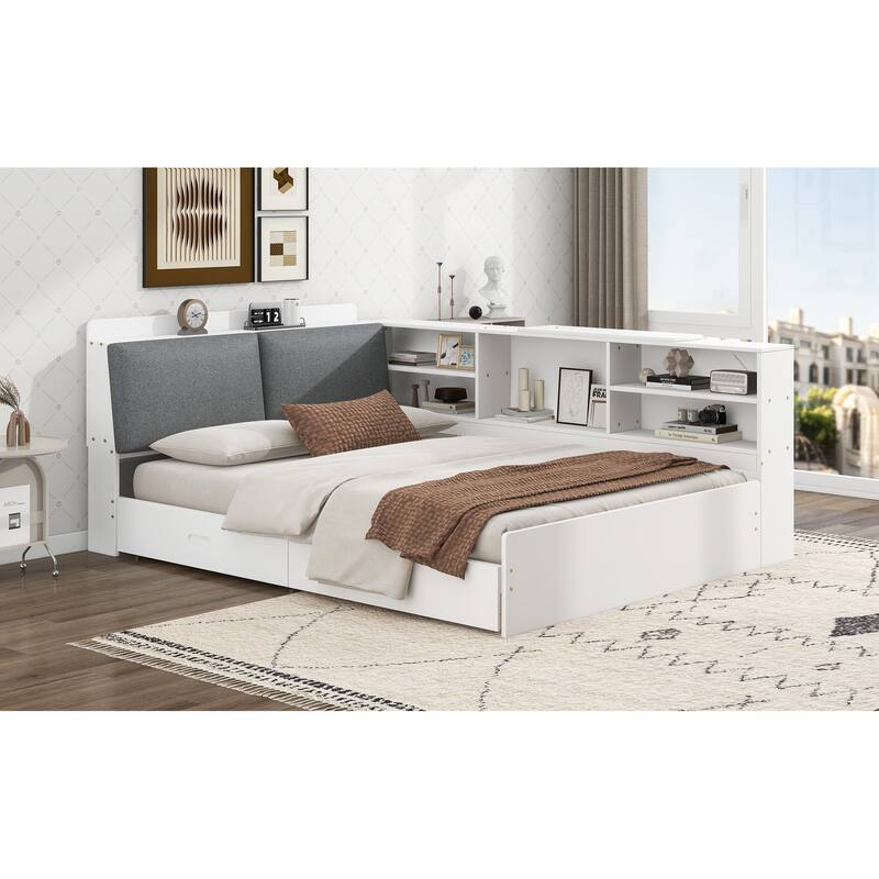 Full Size Wood Platform Bed with Storage Headboard, Shelves, and 2 Drawers in Gray - No Box Spring Required