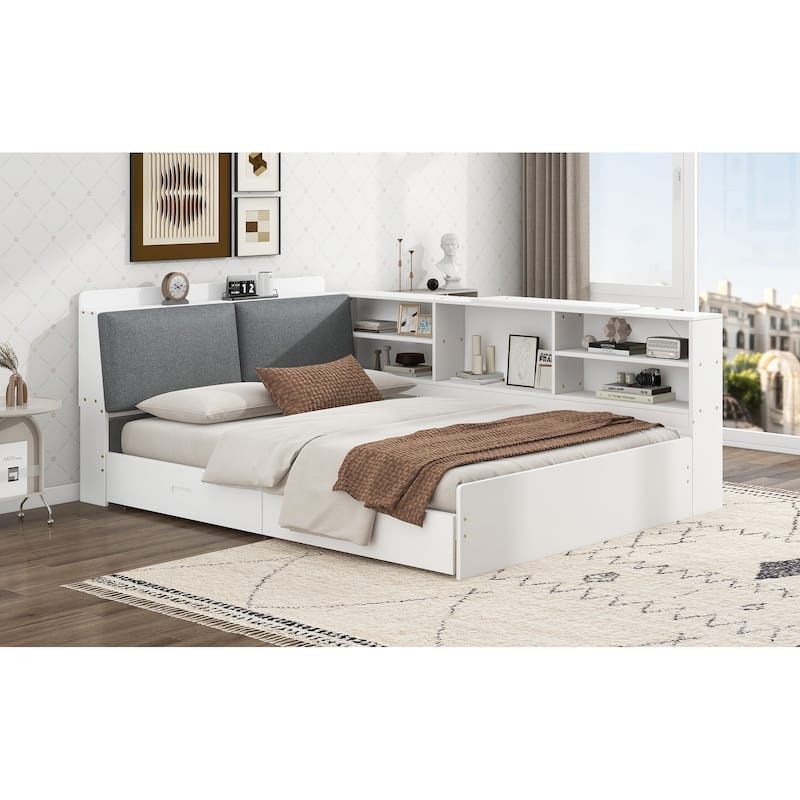 Wood Full Size Modern Platform Bed w/Flip Storage Upholstered Headboard, Shelves & 2 Drawers, Low-Profile Daybed Bed for Bedroom