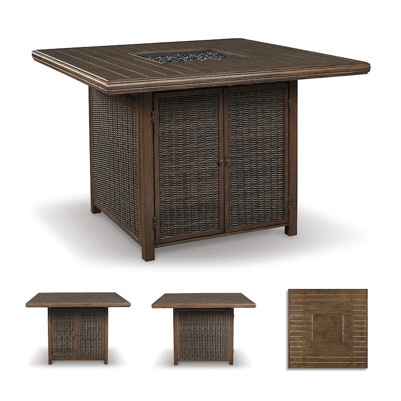 Signature Design by Ashley Paradise Trail Outdoor Medium Brown Square Bar Table with Fire Pit