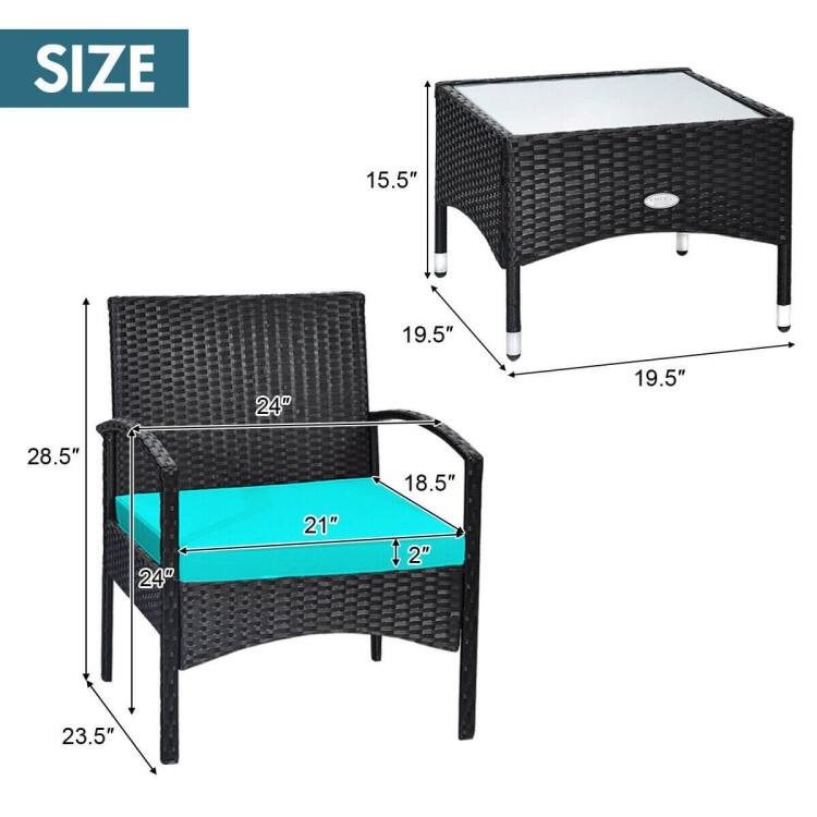 3 Pieces Patio Wicker Rattan Furniture Set with Cushion for Lawn Backyard - 19.5" x 19.5" x 15" (L x W x H)