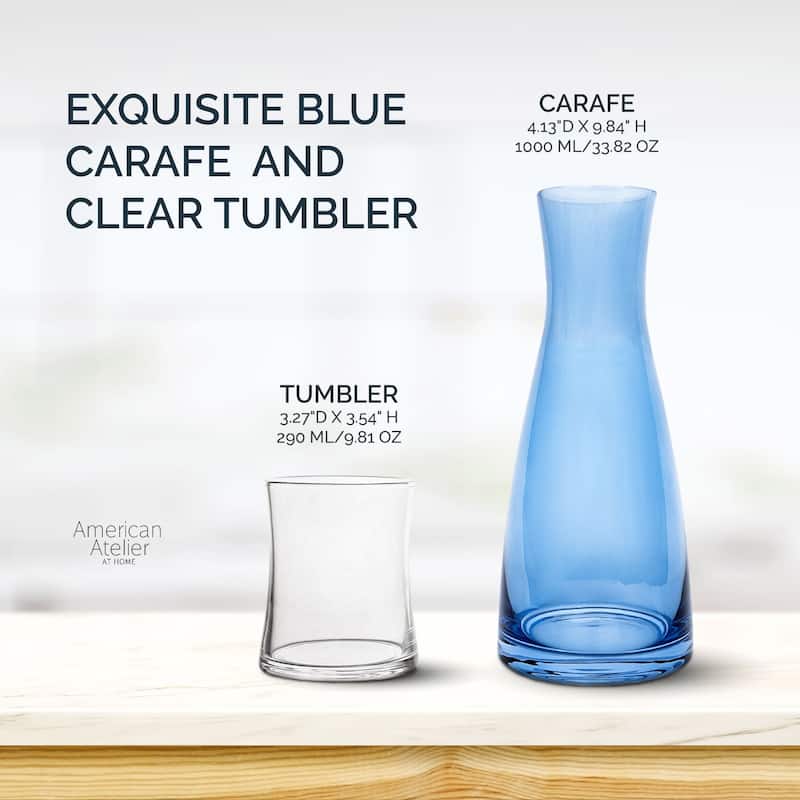 American Atelier Bedside Blue Water Carafe with Clear Tumbler - 33-Ounce Pitcher