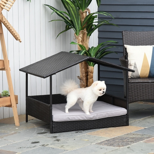 PawHut Wicker Dog House Raised Rattan Bed for Indoor/Outdoor with