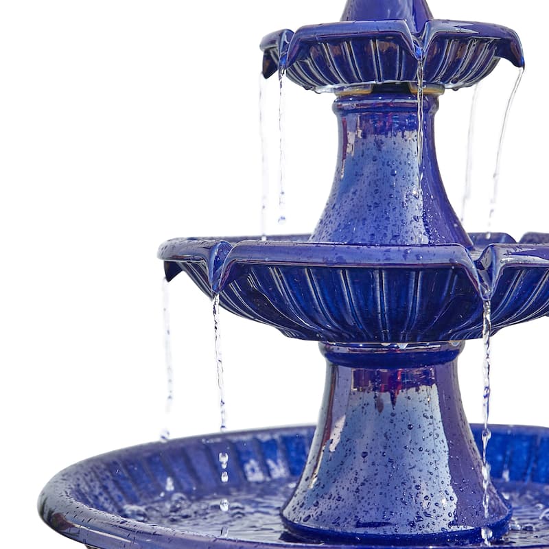 Glitzhome 45"H Oversized 3-Tier Pedestal Lotus Ceramic Resin Outdoor LED Fountains