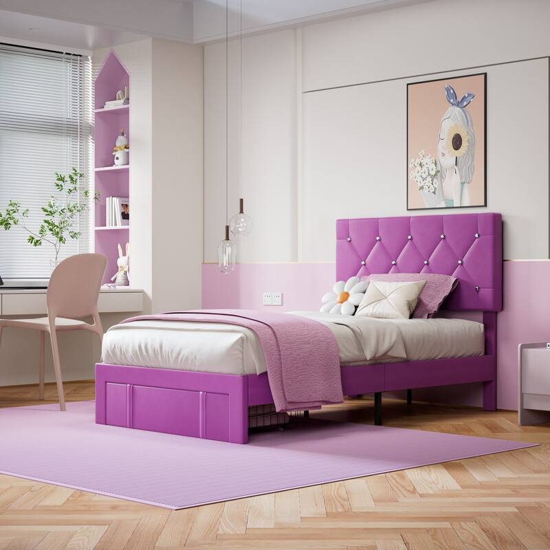 VECELO Bed Frame with Storage Drawers Leather Upholstered with Diamond Tufted Headboard Solid Wood Slat Support