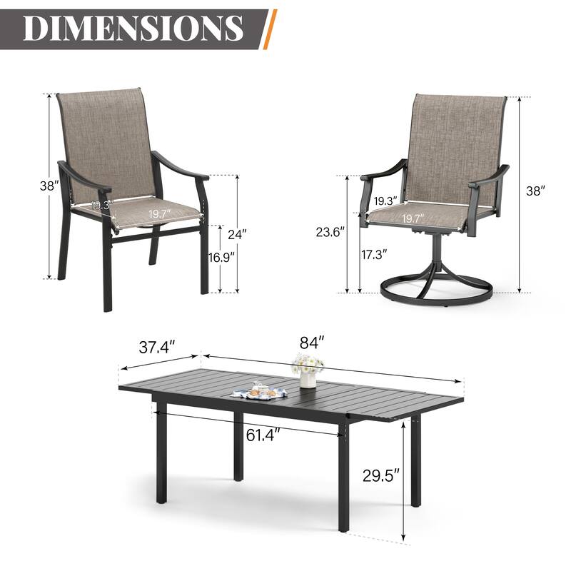 MAISON ARTS 7-Piece Patio Dining Set, 4 Textilene Fabric Armchairs and 2 Textilene Swivel Chairs with Rectangle Metal Table