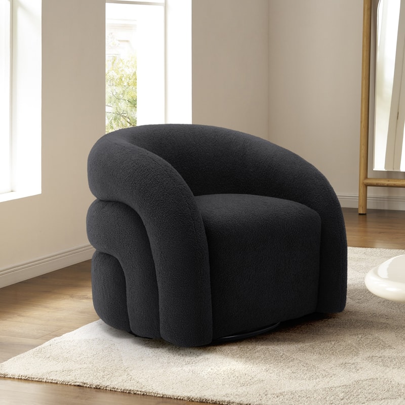Modern Upholstered Swivel 360 degree Rotation Boucle Barrel Chair - Black