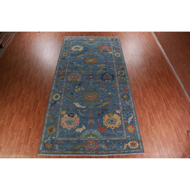 All-Over Blue Oushak Indian Large Rug Hand-Knotted Wool Carpet - 9'1" x 17'9"