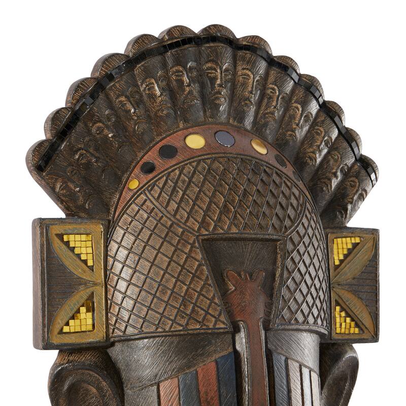 Brown Polystone Primitive African Mask and Standing African Woman Sculpture Wall Decor