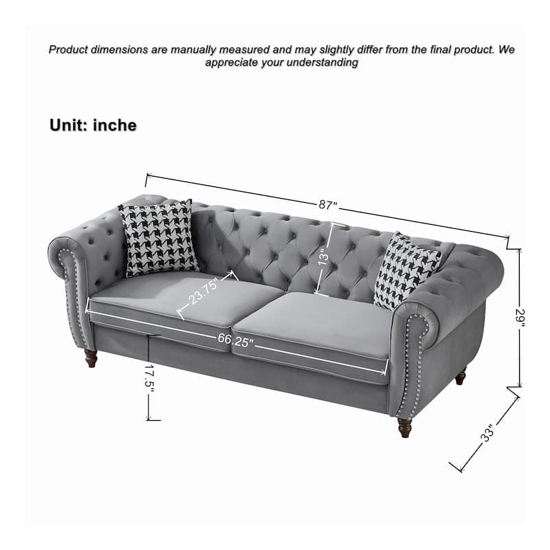 87"Chesterfield ‌velvet upholstery fabric Sofa with Roll Armrest & Nailhead,Upholstered Modern Couch,3 Seater Couch