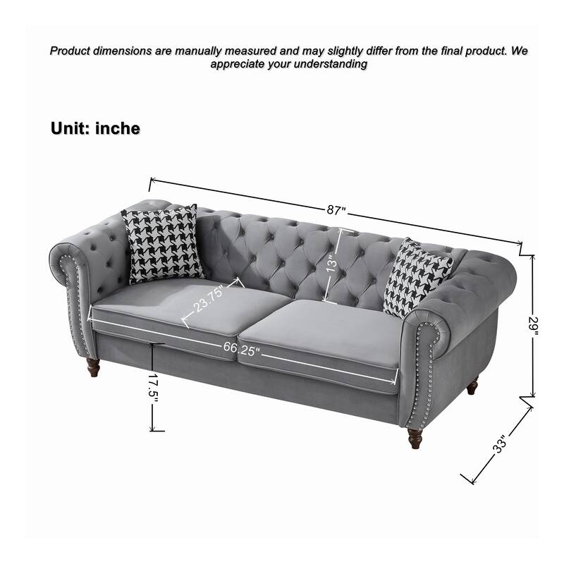 Roomfitters 87" + 67" Classic Chesterfield Upholstered Sofa and Loveseat Set, Buttoned Back Scrolled Arm Couch Furniture