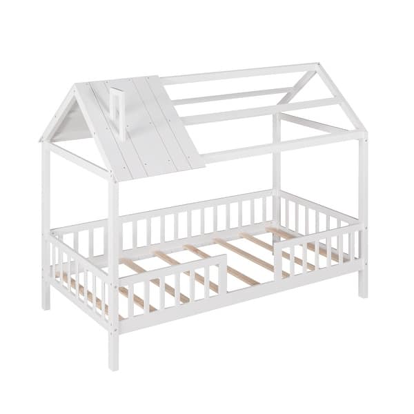 slide 2 of 9, Twin Size Wood House Bed with Fence White