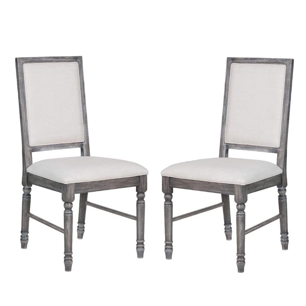 Set of 2 Linen Upholstered Dining Chairs, Cream and Weathered Gray