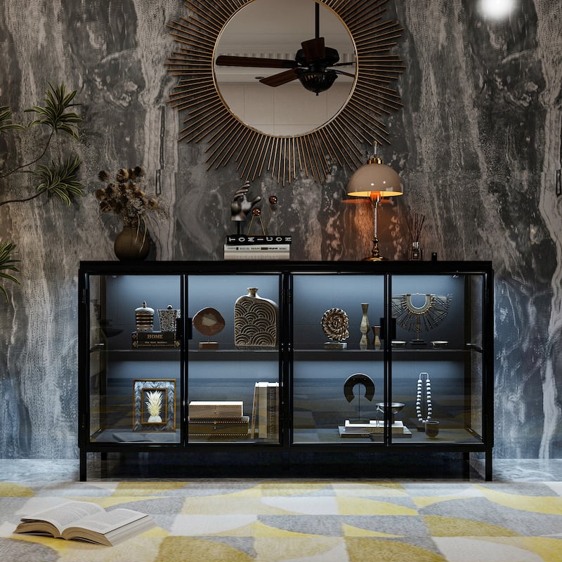 Black Metal & Glass Display Cabinet with LED Lights Accent Cabinet - 55.1"W - Black