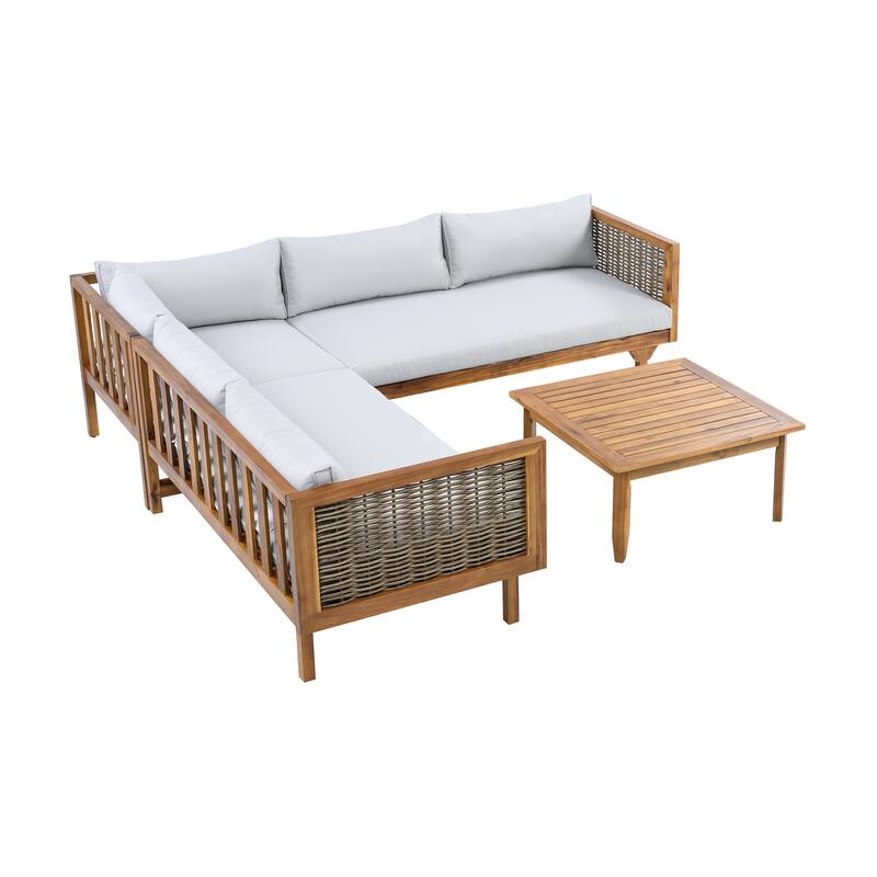 Acacia Wood Outdoor Modular Seating Set with Waterproof Cushions and Side Table Outdoor Sofa Set for Garden
