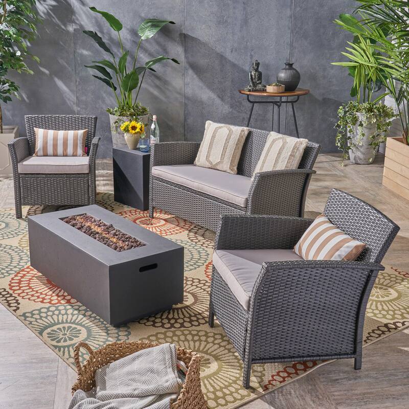 St. Lucia Outdoor 4 Seater Wicker Chat Set with Fire Pit by Christopher Knight Home - gray + dark gray + silver cushion