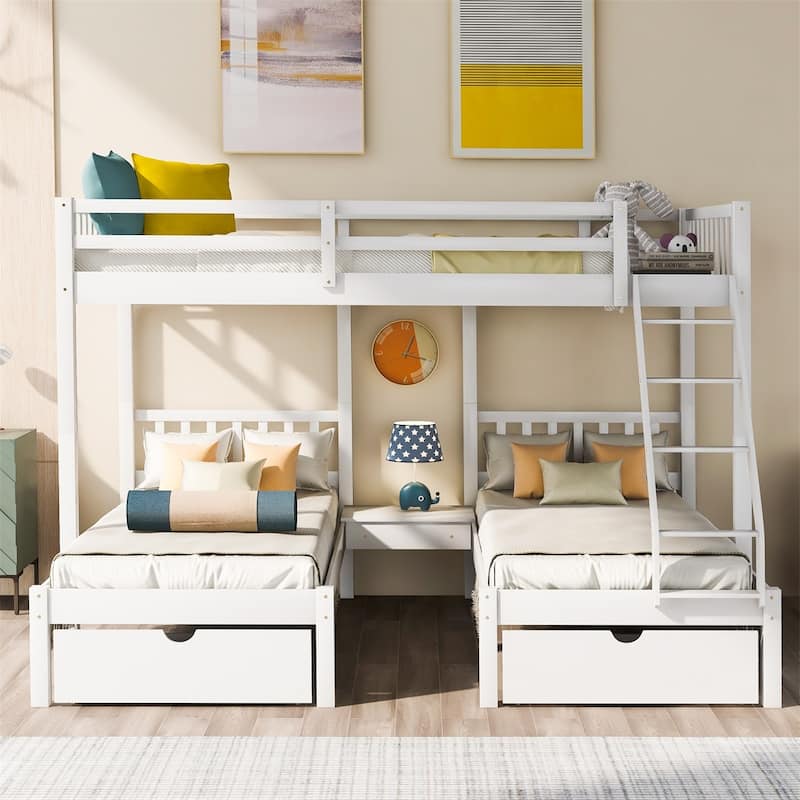 Merax Full Over Twin & Twin Bunk Bed, Wood Triple Bunk Bed with Drawers and Guardrails