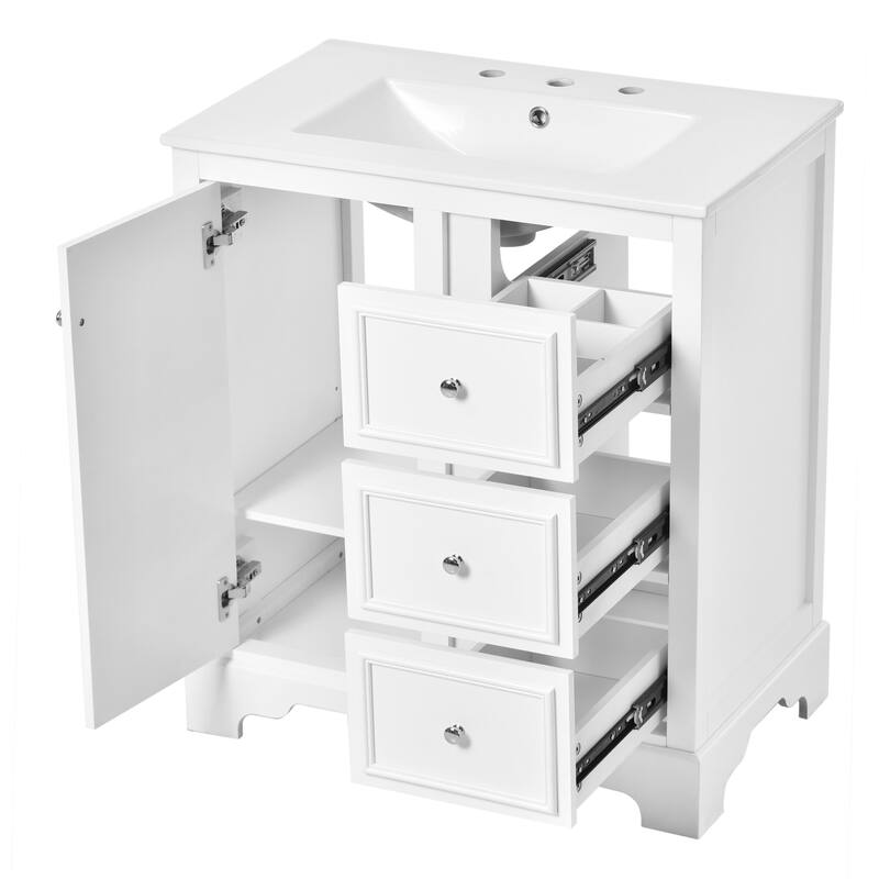 Modern 30" Bathroom Vanity Cabinet with Storage, Rectangular Ceramic Basin, and Soft-Close Design