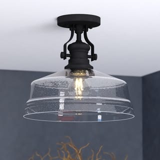 VAXCEL Beloit 1-Light 12 in. Wide Matte Black Farmhouse Dome Semi Flush Mount Lighting Fixture, Clear Seeded Glass Shade