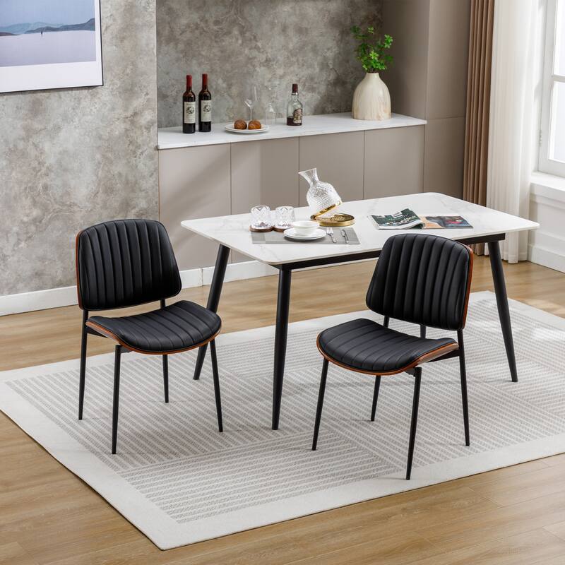 Dining Chairs Set of 2 Mid Century Modern Retro Faux Leather Chair with Bentwood Upholstered Seat Metal Legs Adjustable Foot - Black