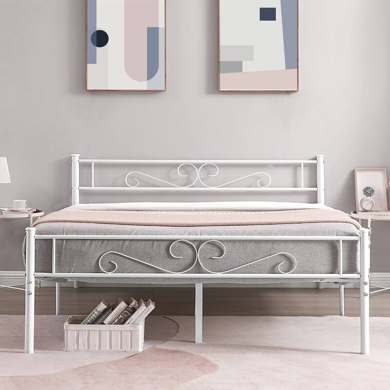 Modern Platform Bed Frame with Premium Graceful Scroll Headboard Twin/Full/Queen - White - Queen