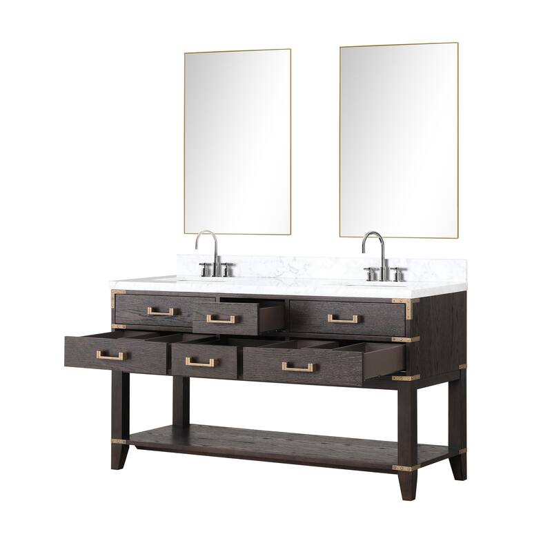 Lexora Norwalk Bath Vanity, Carrara Marble Top, Faucet Set, and Mirror