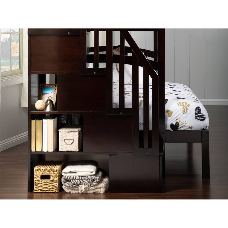 AFI Westbrook Twin over Full Size Staircase Bunk Bed with Bed Drawers & Charging Station in Espresso