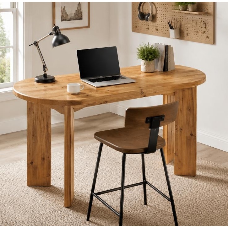 63" Solid Wood Oval Computer Desk, Honey Oak Home Office Writing Desk - 62.99" W × 31.5" D × 29.53" H