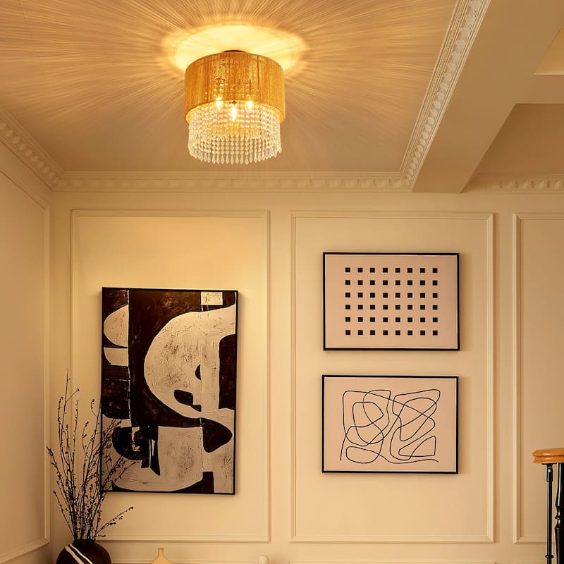 3 - Light Bohemian Rattan & Crystal Semi - Flush Mount Chandelier