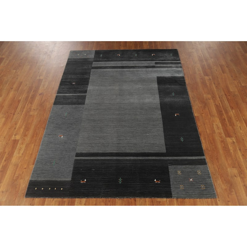 Hand Knotted Oriental 100% Wool Carpet Tribal Animal Pictorial Greys & Charcoal Gabbeh Area Rug - 7' 6'' X 5' 2''