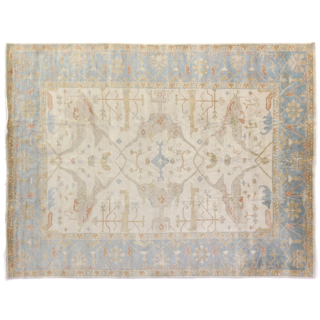 Exquisite Rugs Turkish Oushak Ivory / Blue New Zealand Wool Rug (10' x 14'). - 10' x 14'