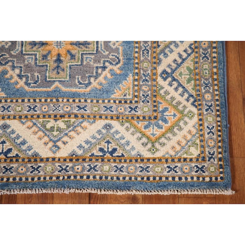 Blue Kazak Oriental Accent Rug Handmade Geometric Wool Carpet - 2'9"x 4'1"