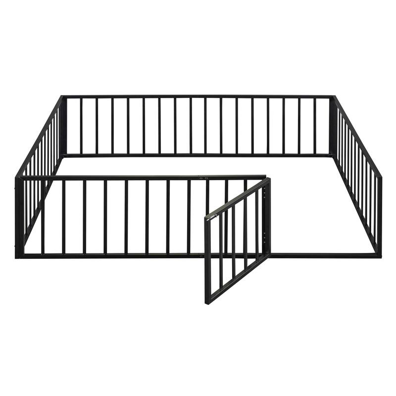 Queen Size Metal Floor Bed Frame with Fence & Door