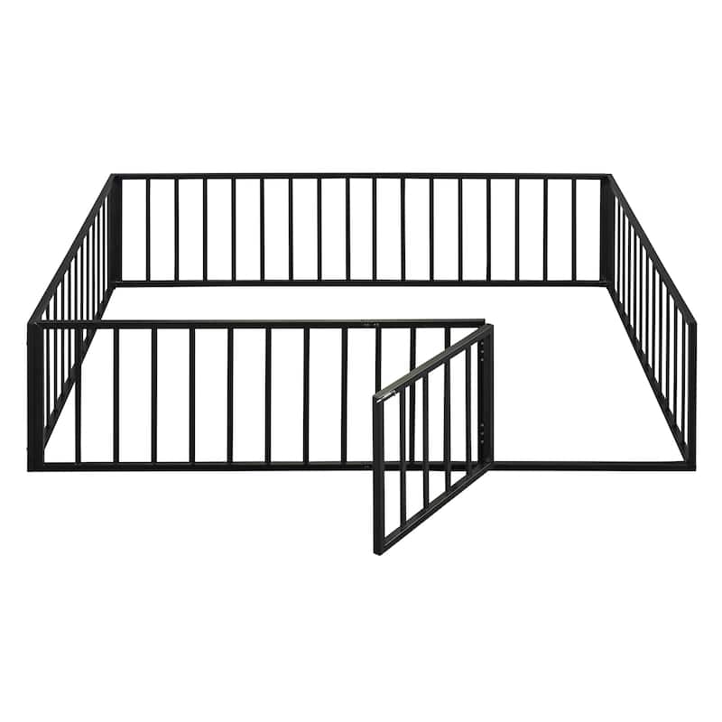 Queen Size Metal Floor Bed Frame with Fence and Door, Black